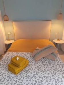阿尔勒Arlette la petite maison Arlésienne的一张带两个枕头的床和两张桌子