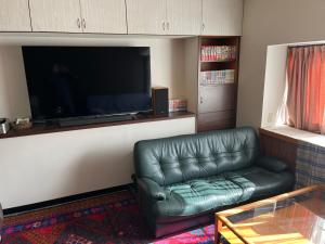 Matsukawa離れの宿　かぶろの庭的客厅配有真皮沙发和平面电视