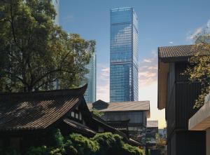 成都成都瑯珀·凯悦臻选酒店的城市景观,高耸的摩天大楼