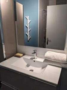 艾克斯莱班Joli studio proche des thermes的浴室设有白色水槽和镜子