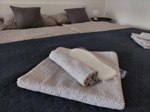 大戈里察M&M Apartment的一张带两张床铺和毛巾的床