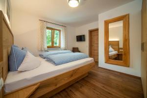 霍普费劳Panoramablick Heimen的一间卧室配有一张带镜子的大床