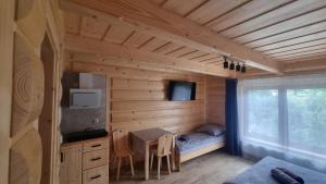 DzianiszPod Gruszą的小屋内带床和桌子的房间