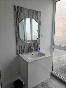 圣路易Suite 2 lits Auberge du Manala Hôtel 24 24 proche Basel的浴室设有白色水槽和镜子