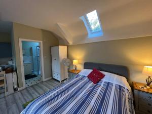LlanferresPentre Cerrig Country House的一间卧室配有一张红色枕头的床
