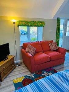 LlanferresPentre Cerrig Country House的客厅配有红色沙发和电视