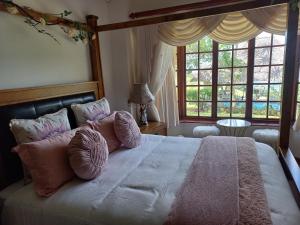 克卢夫Forest Dream House的卧室配有一张带粉红色枕头的大床