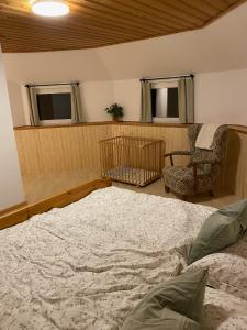 Große Wohnung mit Altstadtnähe的一间卧室配有一张大床和一把椅子