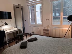 鲁昂Appartement centre ville的一间卧室配有一张床、一张书桌和窗户。