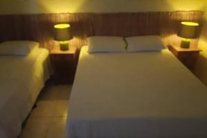 皮雷诺波利斯Casa Pequizeiro的酒店客房设有两张床和两盏灯。