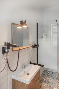 Neu GaarzNeu möbliertes 1 - Zimmerapartment mitten in der Natur的一间带水槽、淋浴和镜子的浴室