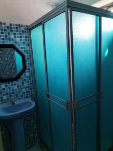 莱蒂西亚Divino Niño Hotel的蓝色淋浴间,配有水槽和镜子