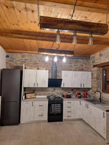卡拉维塔Villas Kertezi的厨房配有白色橱柜和黑色冰箱。