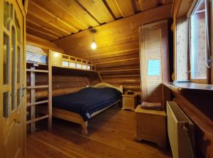 亚列姆切Дерев'яний котедж "Казка"的小木屋内一间卧室配有双层床