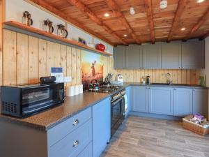 马莱格Doune Bay Lodge的一间配备了蓝色橱柜和微波炉的大厨房