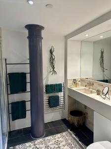 普里茅斯Suite4SerenityRWY Luxury Apartment with Sea view with free parking的一间带大水槽和大镜子的浴室