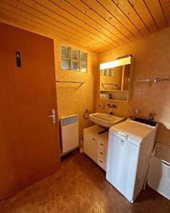 Hofstetten Meieli's Chalet的一间带水槽和白色冰箱的浴室
