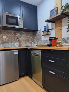 莱德萨阿尔卑斯STUDIO 2 ALPES STYLE CHALET au PIED DE TELESIEGE DU DIABLE的厨房配有黑色橱柜和不锈钢洗碗机。