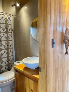 CalbucoTinyhouse Pichi I - vida lenta en Patagonia Costa的一间带卫生间的浴室和木柜台上的碗