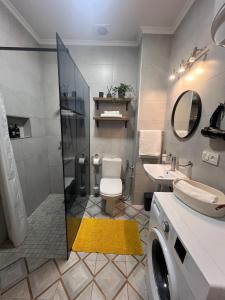 利沃夫Fiesta Apartment on Franka 2BR-6P的带淋浴、卫生间和盥洗盆的浴室