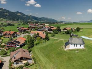 上迈塞尔施泰因Ferienwohnung Alpenherz的绿色田野中村庄的空中景观