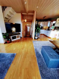 桑讷菲尤尔Mikael's Bed & Spa的客厅设有大电视和木地板