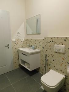 戈里察MIK Hotel Korce的一间带卫生间、水槽和镜子的浴室