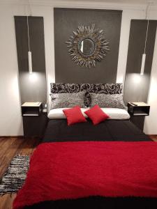 巴拉那B&B - El Refugio -C D的一间卧室配有一张带红色枕头和镜子的床