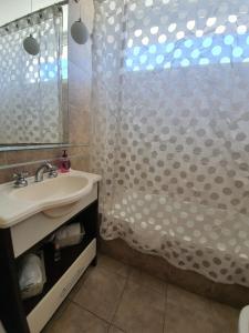 布宜诺斯艾利斯Juncal Apartamento的一间带水槽和淋浴帘的浴室