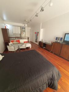 布宜诺斯艾利斯Juncal Apartamento的大房间设有一张床铺和一张桌子