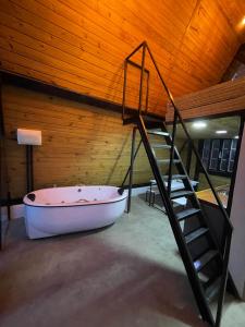 MunhozChalé Panorama的配有木制天花板的客房内的浴缸