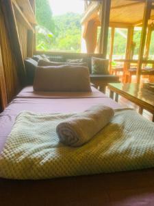 爱妮岛Palayan Villa - Villa with views, garden and jacuzzi的酒店客房,配有两张带毛巾的床
