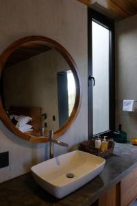 Santa AnaViñedo Bodega 1881的一间带水槽和大镜子的浴室