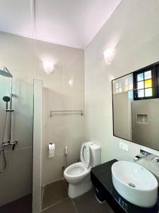 乔治市Madras Inn 58-1 Private Bathroom的一间带卫生间、水槽和镜子的浴室