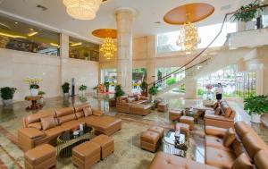 芹苴凡帕河滨酒店的大堂设有棕色皮沙发和吊灯。