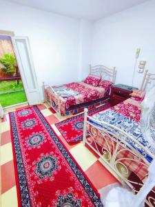 亚历山大LARA Maamoura beach Alexandria的一间设有两张床的客房,地板上铺有地毯