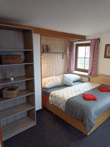 科热诺夫Chata Dáša的一间卧室设有一张床和一个书架
