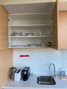 墨尔本Stylish , CBD , Views的厨房配有水槽和台面