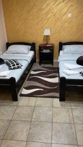 莱斯科瓦茨Dody Apartmani的客房设有两张床和一张桌子,铺有地毯。