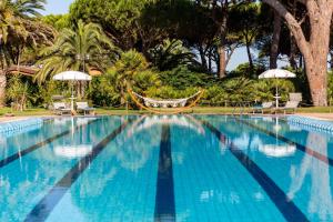 阿尔比尼娅Gitavillage Argentario的一个带吊床和棕榈树的游泳池