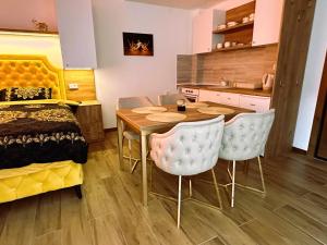 迪瓦伊巴雷Zlatni apartman Borovi的一间带桌椅的卧室和一间厨房