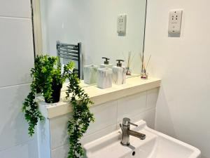 伦敦Luxury Modern Canary 1 bedroom Apartment的一间带水槽和镜子的浴室