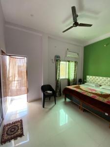 瓦拉纳西Banaras Guest House的一间卧室设有一张床和绿色的墙壁