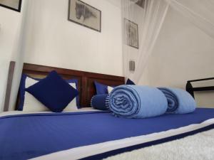 埃拉Alone Cage Ella的一张带蓝色床单和枕头的床