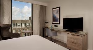 赫尔赫尔希尔顿逸林酒店的酒店客房配有一张床和一张书桌及一台电视