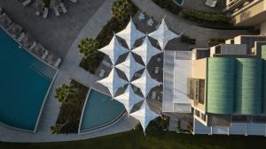 阿德里安诺斯坎波斯Amira Luxury Resort & Spa - Adults Only的游泳池旁建筑物的顶部景观