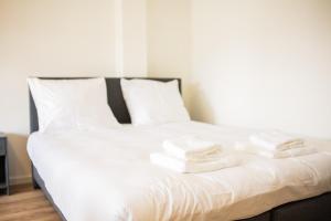 鹿特丹The Hendrick的一张白色的床,上面堆着毛巾