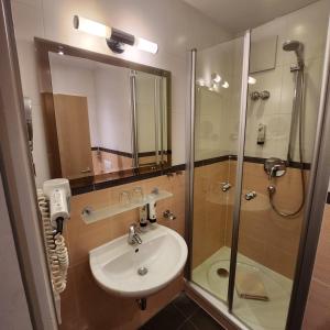 多瑙沃特特劳贝珀斯特酒店的一间带水槽和玻璃门淋浴的浴室