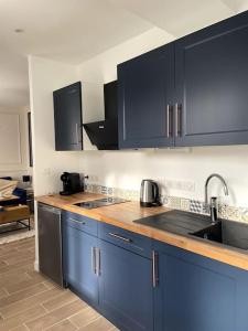 维耶尔宗Bleu Suprême balnéo的厨房配有蓝色橱柜和水槽