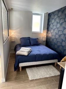 维耶尔宗Bleu Suprême balnéo的一间卧室配有一张带蓝色床单的床和一扇窗户。